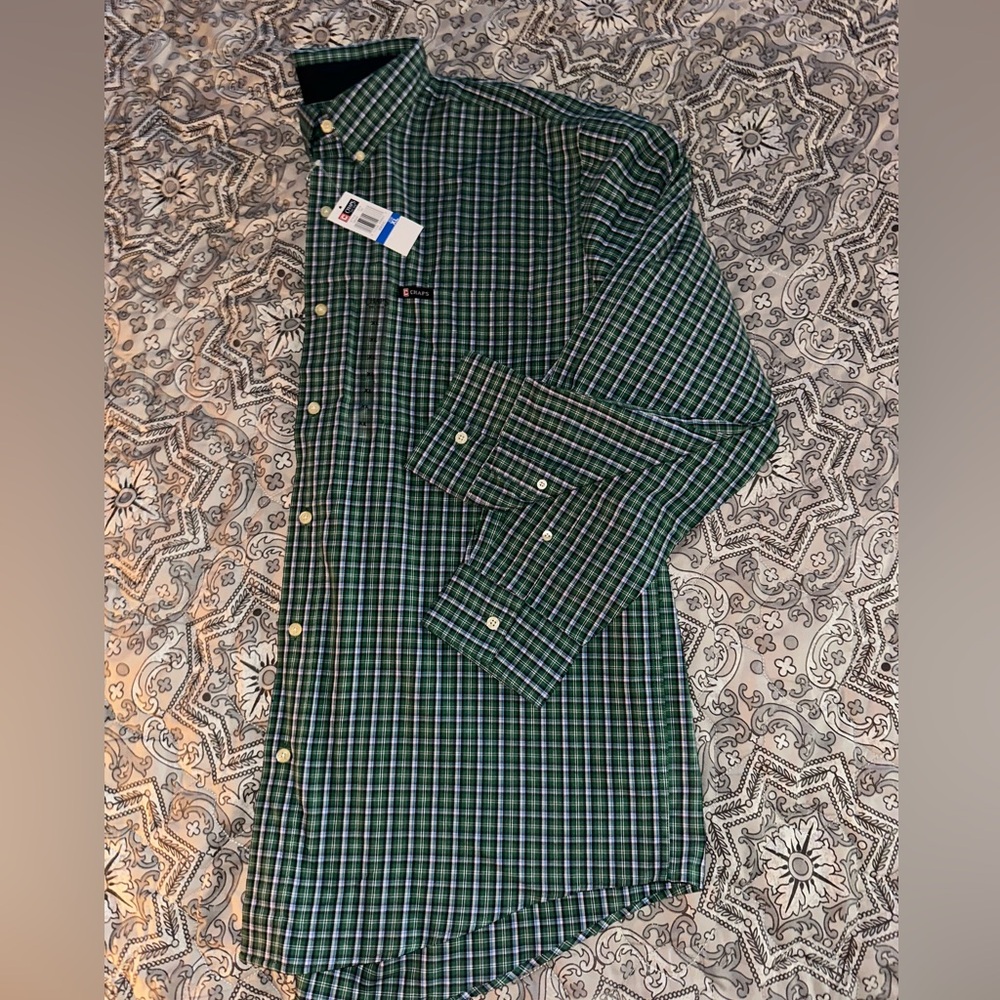Chaps Men's Green and Blue Checkered Button Down Shirt